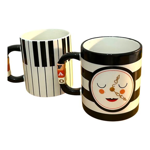 FAO Schwarz Collectible Mugs Set Piano Keys Clock Face Black and White Stripes - Picture 3 of 5